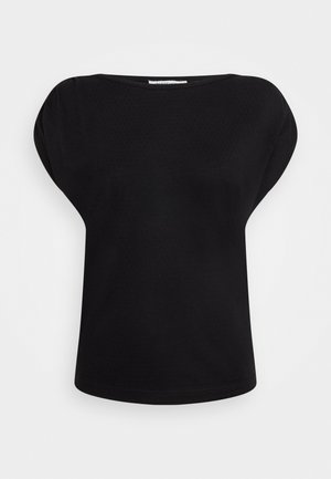 Mustat lyhythihaiset paita, joka on valmistettu pehmeästä kankaasta, leveällä kaula-aukolla ja rakenteellisilla harteilla. Ominaisuuksiin kuuluu tasainen pinta ja rento istuvuus.