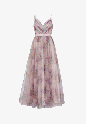 Pastellpinkki, kukkakuosisia, läpinäkyvää maksimekkoa, jossa on tiukka yläosa, V-pääntie ja ohuet hihnat. Mekossa on herkkiä, monivärisiä kukkakuvioita.