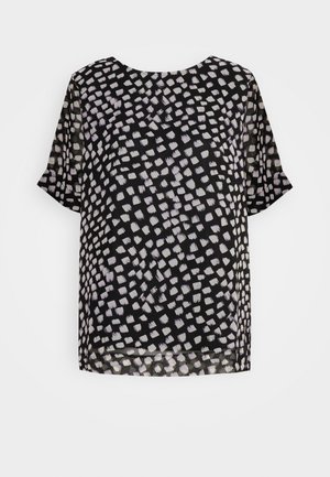 Top preto com mangas curtas, apresentando um padrão texturizado de pinceladas irregulares em branco e roxo claro sobre um tecido transparente.