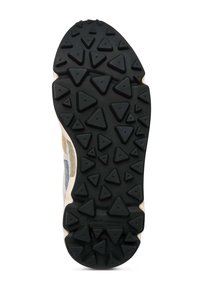 Suola di scarpa in gomma con un motivo a tessere esagonali nere. I bordi sono beige con una forma arrotondata. La scritta "Flower Mountain" appare sul fondo.