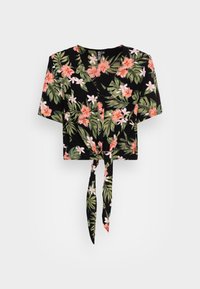 Schwarzes, kurzärmliges Cropped Shirt mit floralen Mustern, das pinke Blumen und grüne Blätter zeigt; mit einem Knoten-Detail an der Taille.