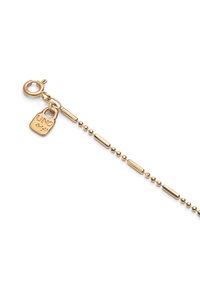 Collier en ton or avec des formes de perles ovales allongées et rondes alternées, équipé d'un fermoir enhomard et d'une petite étiquette gravée "UNO".