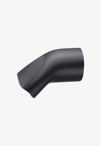 Krökt svart plasthandtag med en slät yta och matt finish, som har en vinklad ände för ergonomiskt grepp.