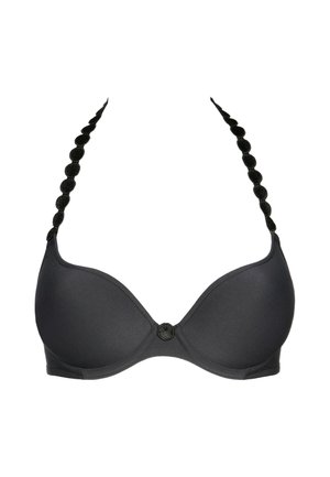 Czarny usztywniany biustonosz z fiszbinami i dekoracyjnymi okrągłymi elementami wzdłuż ramiączek typu halter oraz na środku z przodu.