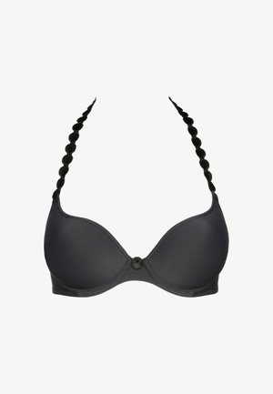 Czarny usztywniany biustonosz z fiszbinami i dekoracyjnymi okrągłymi elementami wzdłuż ramiączek typu halter oraz na środku z przodu.