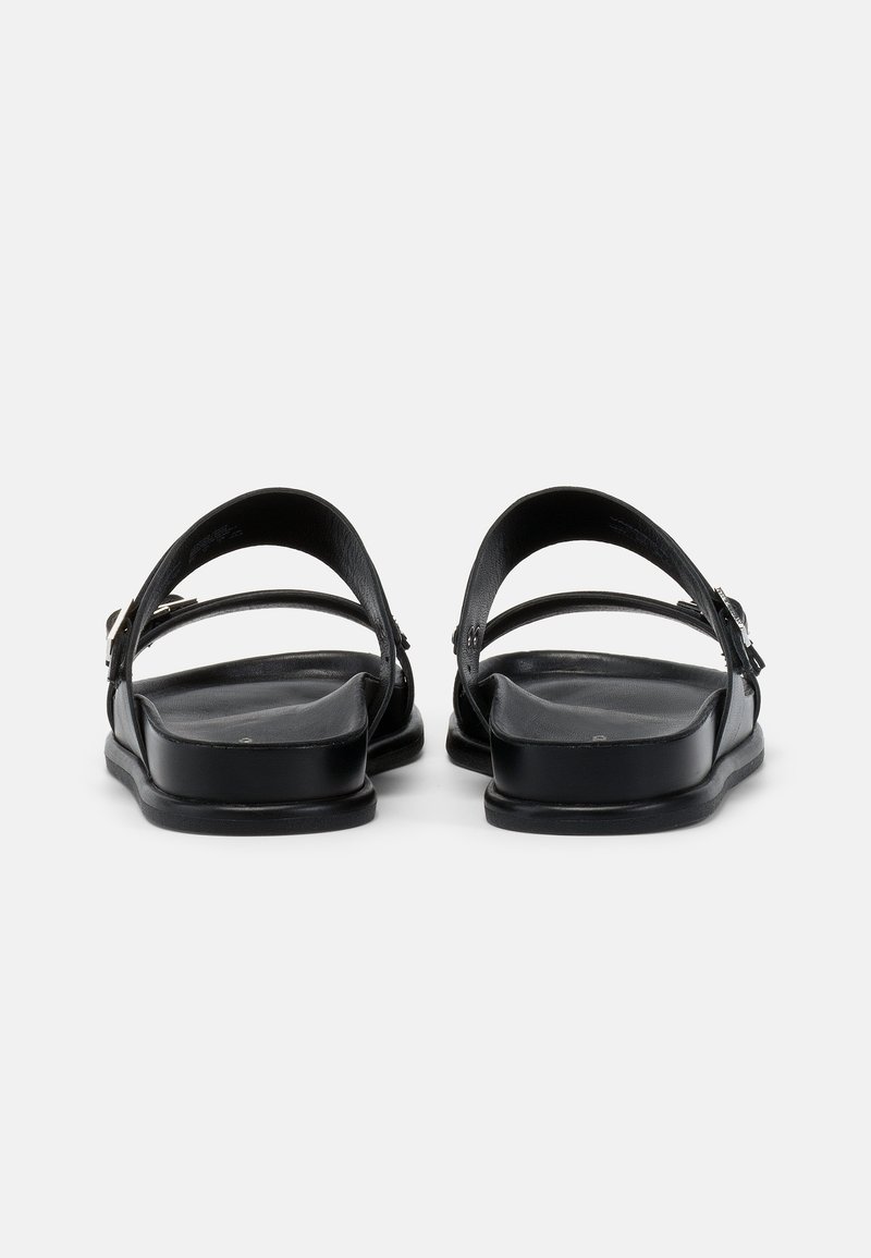 Schwarze Ledersandalen mit flacher Sohle, ausgestattet mit zwei verstellbaren Riemen. Das Innere ist glatt, und die Riemen haben dezente Nähte.