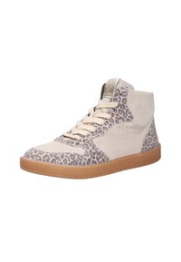 Beige semi-vysoké tenisky z jemné ovčí kůže s leopardím potiskem. Mají béžové tkaničky a světlou gumovou podrážku. Metallic logo detail na jazyku.