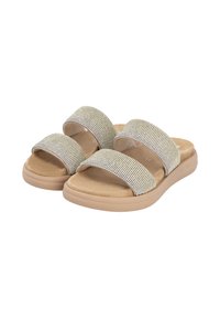 Sandaler med to brede, rhinstenbesatte remme. Beige sål, polstret fodseng, glat tekstur. Casual design.