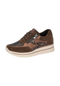 Brown suede sneaker with leopard print accents, textured black panels, lace-up closure, and a side zipper. Thick cream-colored sole.