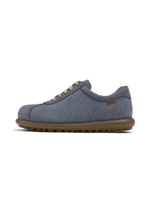 Blue suede shoe with a rounded toe, beige laces, and a textured rubber sole. Features diagonal stitching and a small logo accent.