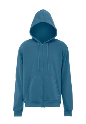 Niebieska bluza z kapturem na suwak, z przednimi kieszeniami, kapturem ze ściągaczem, prążkowanymi ściągaczami na rękawach i dole na jednolitym białym tle.