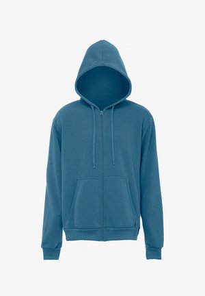 Felpa con cappuccio blu con zip, tasche frontali, cappuccio con coulisse, polsini e orlo a coste su sfondo bianco semplice.