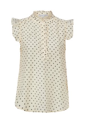 Ärmellose cremefarbene Bluse mit schwarzen Polka-Dots, geknöpfter Vorderleiste, gerafften Ärmeln und kleinem Stehkragen.