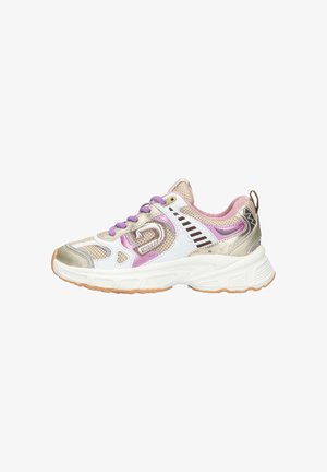 Sneaker met een bovenwerk van wit, goud en roze mesh; voorzien van paarse veters, een gewatteerde kraag en een dikke, gestructureerde rubberen zool.