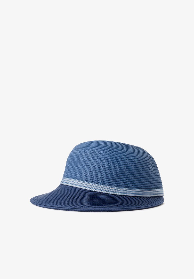 Blue fabric hat with a rounded top, wide brim, and horizontal striped band. Made of textured material, showing distinct patterns.