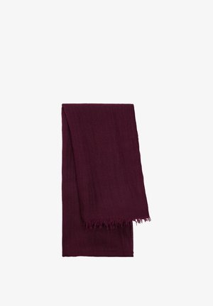 Bordowy szalik wykonany z miękkiego materiału, z frędzlami na krawędzi i gładką powierzchnią, starannie złożony, aby wyeksponować swój prostokątny kształt.