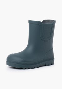 Botte en caoutchouc à chevilles de couleur gris foncé avec des panneaux latéraux en élastique texturé, un bout arrondi et une semelle robuste à rainures pour l'adhérence.
