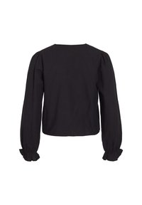 Blusa de manga longa preta feita de tecido texturizado, com decote redondo e mangas com franzido e punhos com babados. Design ajustado e cropped.