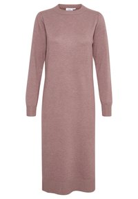 Pleteni dolg rokav obleka iz mehkega mauve vlakna, z okroglo odprtino za vrat, rebrastimi manšeti in ravno silhueto, ki doseže do polovice meč.