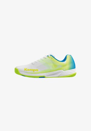 White athletic shoe with lime green sole, blue heel, yellow "Kempa" logo, and white laces, shown in side view on a white background.