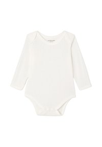 Weißer Langarm-Body aus Baumwolle mit texturiertem Muster, runder Ausschnitt und Druckknopfverschlüssen unten für ein einfaches Ankleiden.