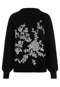 Zwarte trui met een gestructureerde brei, ronde halslijn en lange mouwen, versierd met ingewikkelde zilveren bloemborduursels op de voorkant.