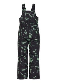 Zwart skikleding met groene abstracte bergpatronen, verstelbare banden, elastische taille en verstevigde knieën voor duurzaamheid.