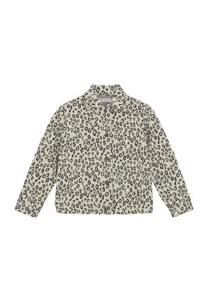 Langearmige overhemden met een beige basis en een donkerbruin luipaardprintpatroon, voorzien van een kraag en knopen aan de voorkant.