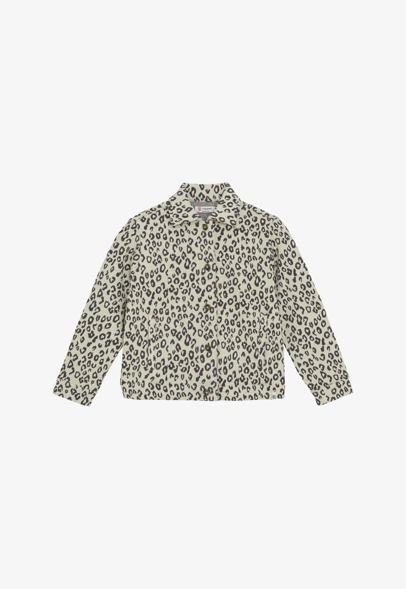 Long-sleeve button-up shirt with beige base and dark brown leopard print pattern, featuring a collar and front buttons.