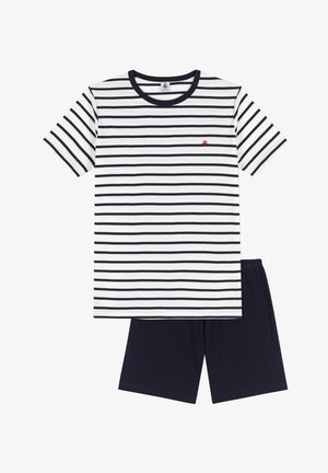 Koszulka w paski w kolorze białym i granatowym z okrągłym dekoltem, połączona z granatowymi szortami. Koszulka ma poziome paski i małe logo.