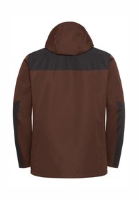 Giacca impermeabile marrone con cappuccio nero e dettagli sulle spalle, dalla texture liscia e silhouette dritta, progettata per l'uso all'aperto.
