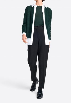 Persona con suéter verde oscuro sobre una camisa blanca con cuello, pantalones negros a medida y zapatos de cuero negros, de pie frente a un fondo sencillo.