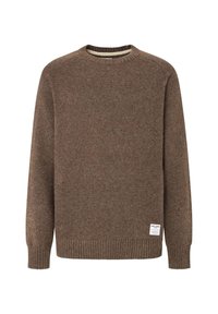 Suéter marrón de punto con cuello redondo, puños y dobladillo acanalados, que presenta una pequeña etiqueta de la marca en la parte inferior izquierda. Textura suave.