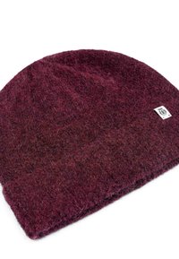 Knit beanie in dark burgundy wool, featuring a textured finish with a folded cuff and a small brand tag on the side.