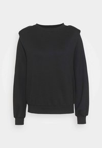 Sudadera negra de mangas largas, cuello redondo y detalles en los hombros acolchados. Fabricada con una tela suave con puños y bajo elásticos.