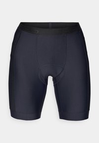 Shorts de cyclisme bleu marine en tissu extensible avec un design de coutures et une large ceinture élastique, dotés d'un rembourrage respirant.