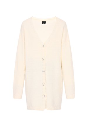 Cardigan tricotat crem, decolteu în V, închidere cu nasturi în față, mâneci lungi, manșete și tiv cu dantelă, textură moale, material ușor.