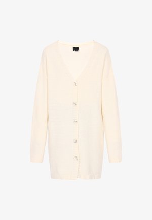 Creme strikket cardigan, V-hals, knaplukning foran, lange ærmer, ribbede manchetter og afslutning, blød tekstur, let stof.