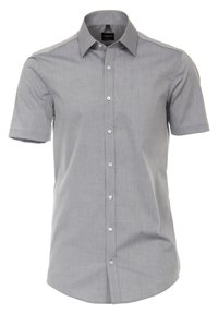 Grijs, kortet-shirt met knoopsluiting in een lichte, gestructureerde stof, met een scherpe kraag en witte knopen langs de voorkant.