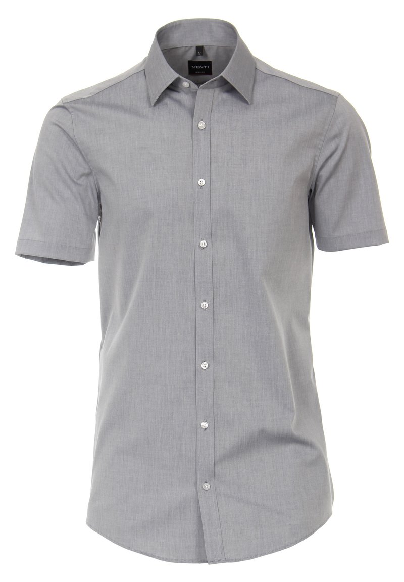 Grijs, kortet-shirt met knoopsluiting in een lichte, gestructureerde stof, met een scherpe kraag en witte knopen langs de voorkant.