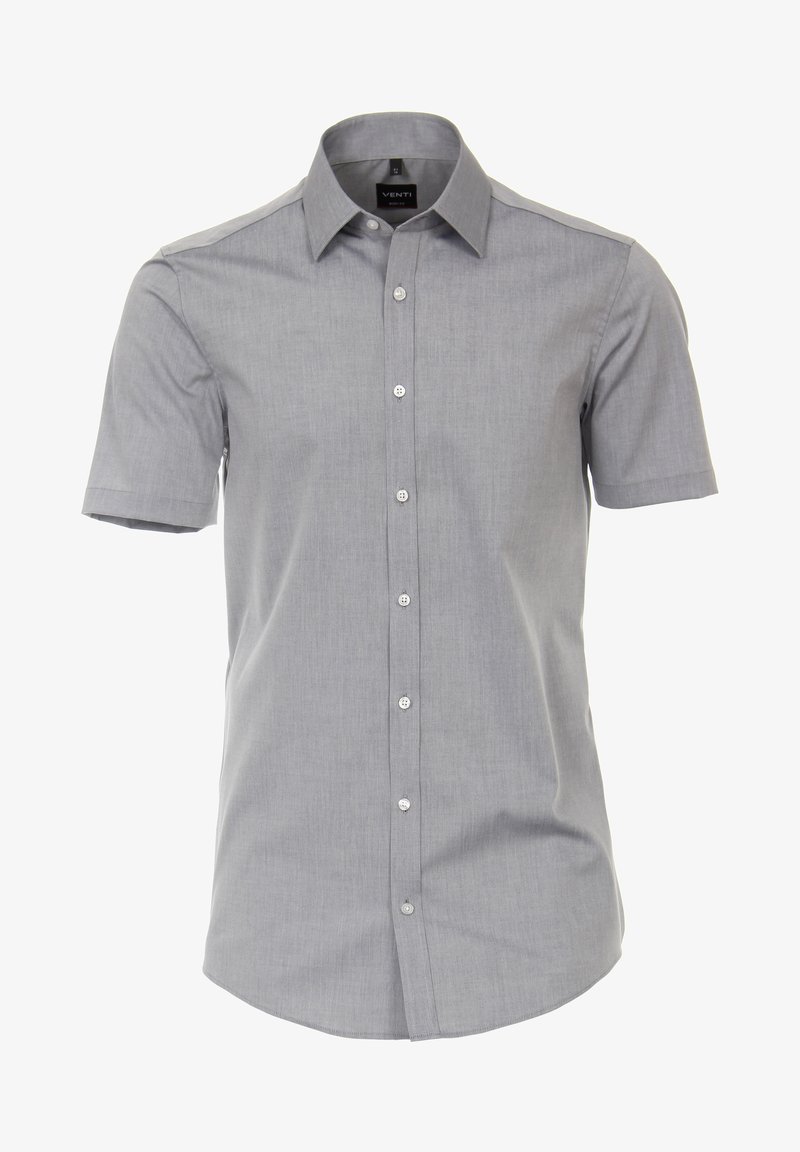 Grijs, kortet-shirt met knoopsluiting in een lichte, gestructureerde stof, met een scherpe kraag en witte knopen langs de voorkant.