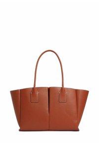 Sac fourre-tout en cuir marron avec une forme structurée, deux anses supérieures et des coutures blanches contrastées. Dispose d'une base plate et d'un design minimaliste.