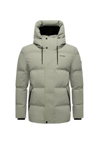 Šviesiai pilkas paminkštintas švarkas su aukštu apykakle, gobtuvu, juodais akcentais ant kišenių, priekiniais spaustukais ir suvirvimais ant gobtuvo.