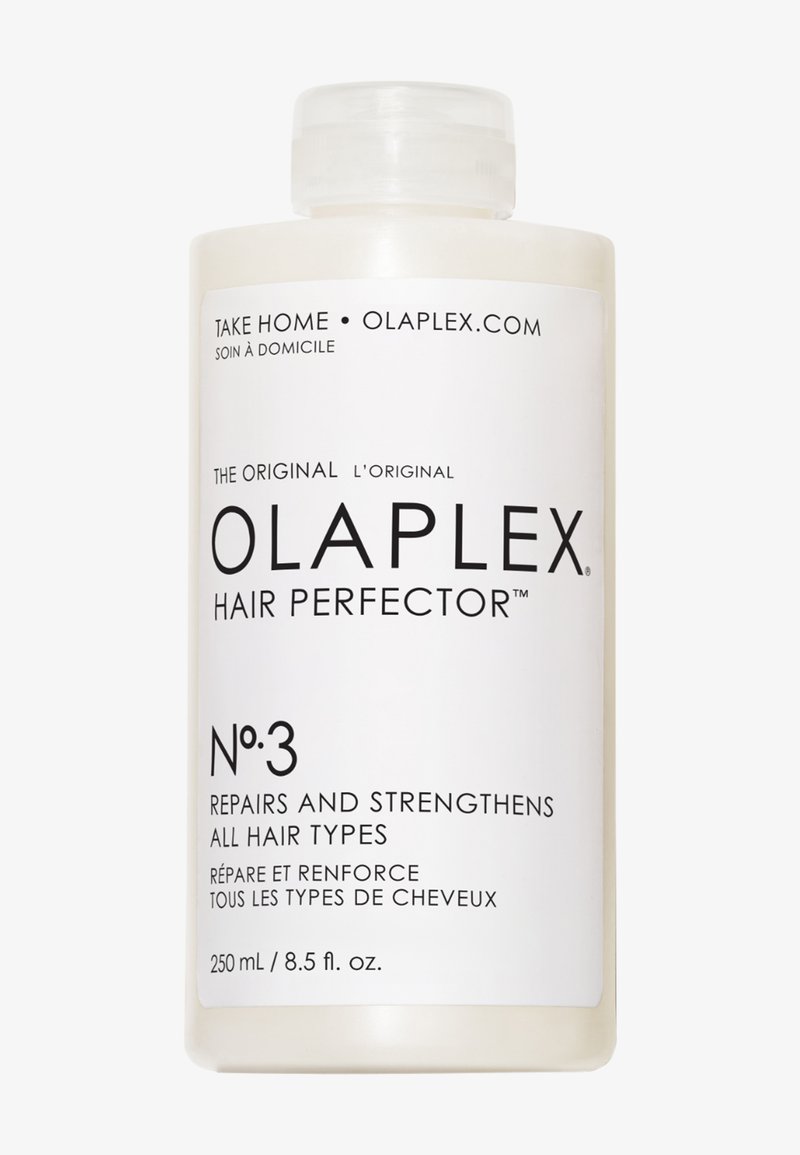 Butelka Olaplex Hair Perfector No. 3, 250 ml, do naprawy i wzmacniania wszystkich rodzajów włosów, z dwujęzycznym tekstem w języku angielskim i francuskim.