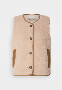 Κρέμα φλις γιλέκο με στρογγυλή λαιμόκοψη, κουμπιά στο μπροστινό μέρος και καφέ λεπτομέρειες στις τσέπες και στις ραφές. Μαλακή υφή και κλασικός σχεδιασμός.