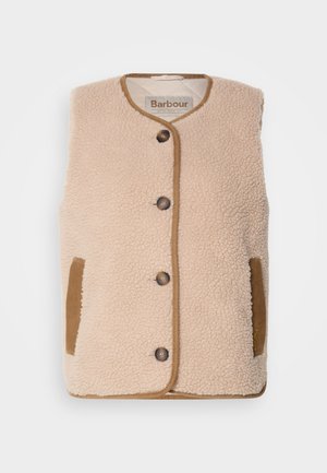 Kreem värvi fliistekatega vest, millel on ümmargune krae, ees nuppude sulgemine ning pruunid aktsendid taskutel ja äärel. Pehme tekstuur ja klassikaline disain.