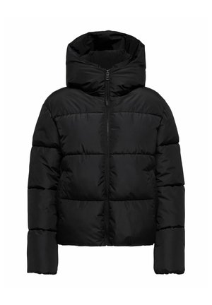 Schwarze Daunenjacke mit Kapuze, ausgestattet mit gesteppter Optik, einem Frontreißverschluss und elastischen Bündchen. Das Material wirkt glatt und isoliert.