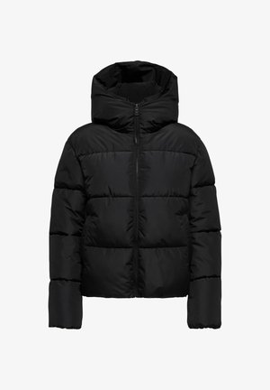 Fekete pufferszövet kabát kapucnival, steppelt panelekből, elülső cipzárral és rugalmas mandzsettákkal. Az anyag simának és szigeteltnek tűnik.