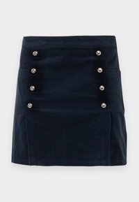 Mini-jupe en velours côtelé bleu marine foncé avec des boutons argentés en deux rangées verticales et une poche avant.