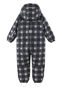Sort og grå plaid vandtæt jumpsuit med hætte, elastiske manchetter og ankelremme. Har et logo-patch på ryggen.